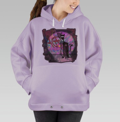 Стилизованный кот на фоне неонового граффити, Hoodie Oversize Fiolet