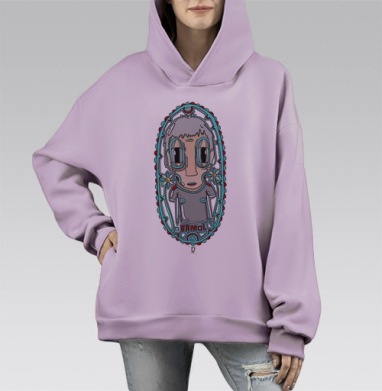 Стилизованный портрет SAMOL в медальоне с цветами, Hoodie Mono Fiolet, оверсайз, утепленная