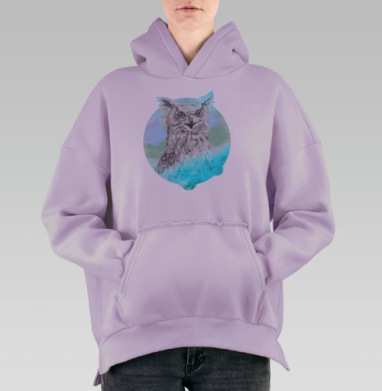 Стилизованный портрет совы в тумане мудрости, Hoodie Oversize Fiolet, утепленная