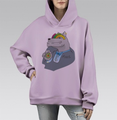 Стилизованный Волк с Карманными Часами в Костюме, Hoodie Mono Fiolet, оверсайз, утепленная
