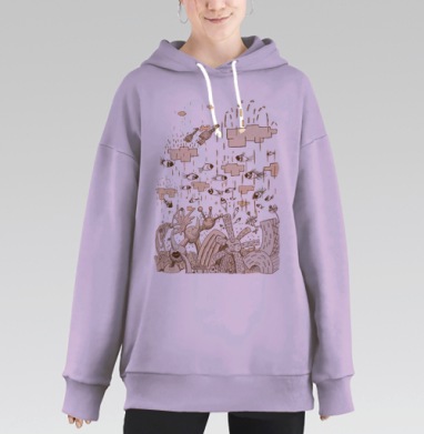 Сюрреалистический дождь глаз над городом цифрового мусора неба, Hoodie Long Oversize Fiolet