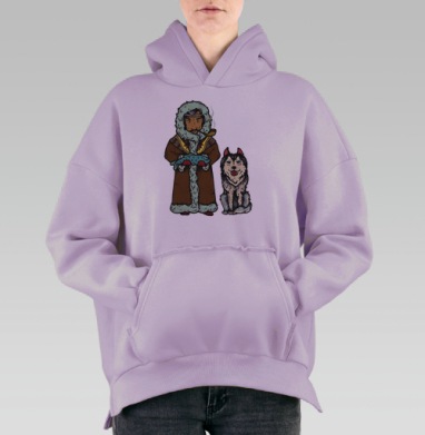 Традиционный северный охотник с собакой и рыбой, Hoodie Oversize Fiolet, утепленная
