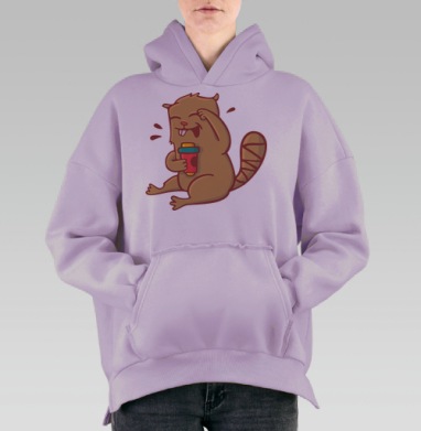 Весёлый бобёр с ярким стаканом, Hoodie Oversize Fiolet, утепленная