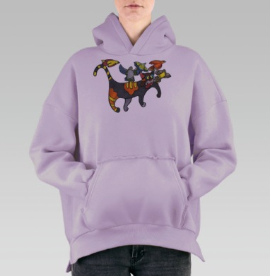 Веселый кот-переносчик с яркими птицами, Hoodie Oversize Fiolet, утепленная