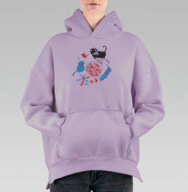 Влюблённые коты и сердца, Hoodie Oversize Fiolet, утепленная