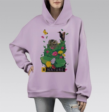 Яркая природная иллюстрация с совой и бабочками, Hoodie Mono Fiolet, оверсайз, утепленная