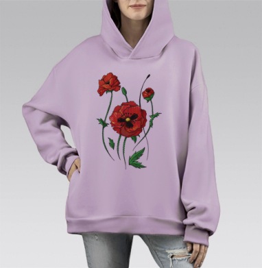 Яркие красные маки – символ природы и жизни, Hoodie Mono Fiolet, оверсайз, утепленная