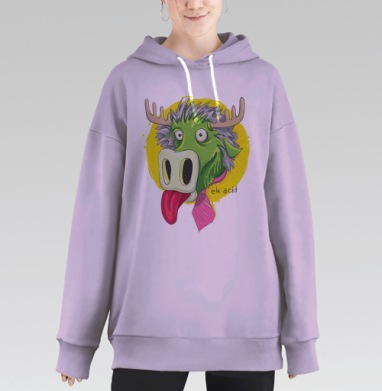 Яркий арт с лосем в розовом галстуке «Elk Acid», Hoodie Long Oversize Fiolet