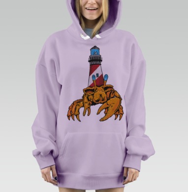 Яркий морской рак с маяком – оригинальный арт, Hoodie Mjhigh Dig Mel, Fiolet, утепленная