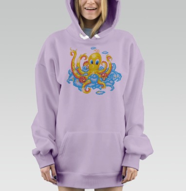 Яркий мультяшный осьминог с грибами и перьями, Hoodie Mjhigh Dig Mel, Fiolet, утепленная