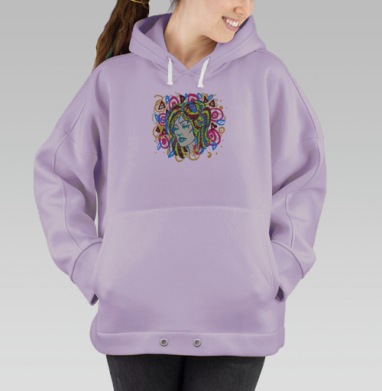 Яркий нео-поп арт портрет женщины с абстрактными узорами, Hoodie Oversize Fiolet