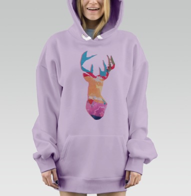 Яркий олень с облаками и бирюзовыми рогами, Hoodie Mjhigh Dig Mel, Fiolet, утепленная