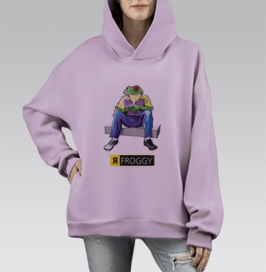 Яркий принт с антропоморфной лягушкой «Я FROGGY», Hoodie Mono Fiolet, оверсайз, утепленная