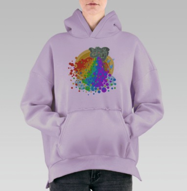 Яркий слон с радужными пузырями в стиле стрит-арт, Hoodie Oversize Fiolet, утепленная