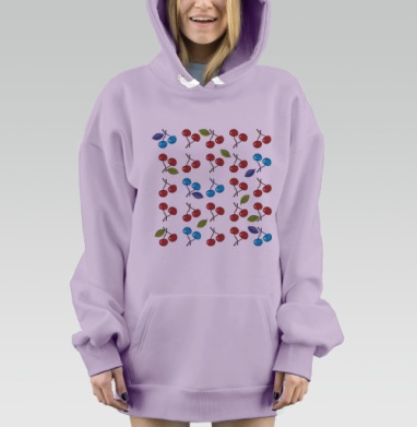 Яркий узор с вишнями и листьями, Hoodie Mjhigh Dig Mel, Fiolet, утепленная