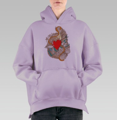 Яркое сердце в стиле Дудл: поздравление с любовью, Hoodie Oversize Fiolet, утепленная