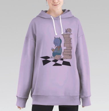 Забавный инопланетянин в очках сидит верхом пока улитка читает книгу, Hoodie Long Oversize Fiolet
