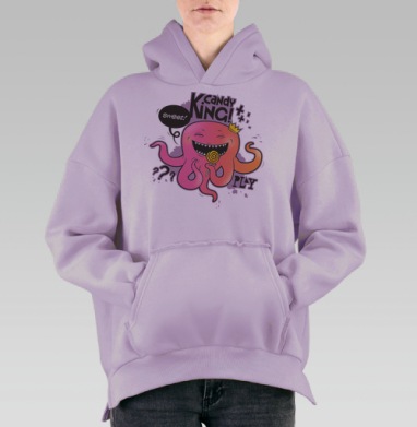 Забавный зубастый осьминог кушает сладость розовый монстр леденец, Hoodie Oversize Fiolet, утепленная