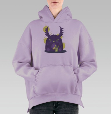 Зелёный кролик нежно дарит цветок большому фиолетовому монстру, Hoodie Oversize Fiolet, утепленная