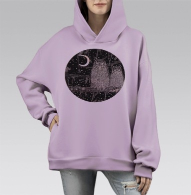 Зимняя сцена с мудрыми совами, Hoodie Mono Fiolet, оверсайз, утепленная